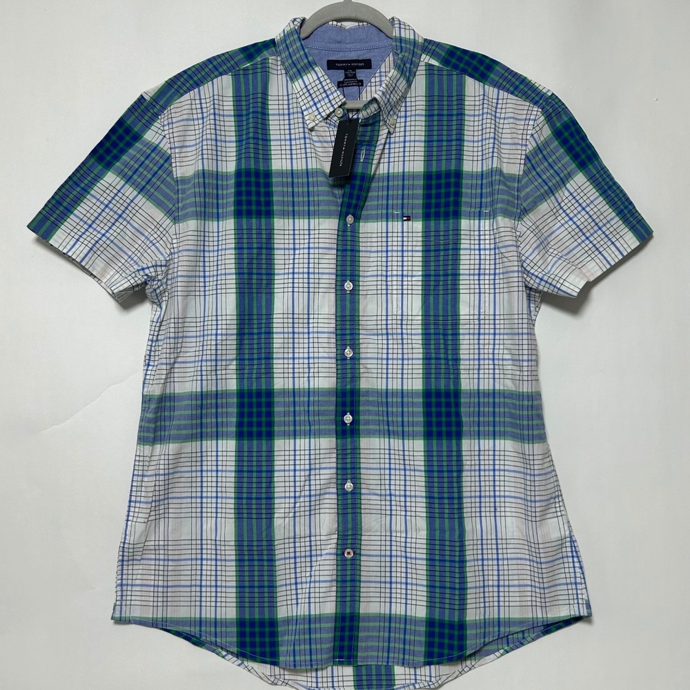 Tommy Hilfiger Plaid Shirt Mens XXL Blue Green Custom Fit‎ Short Sleeve Preppy